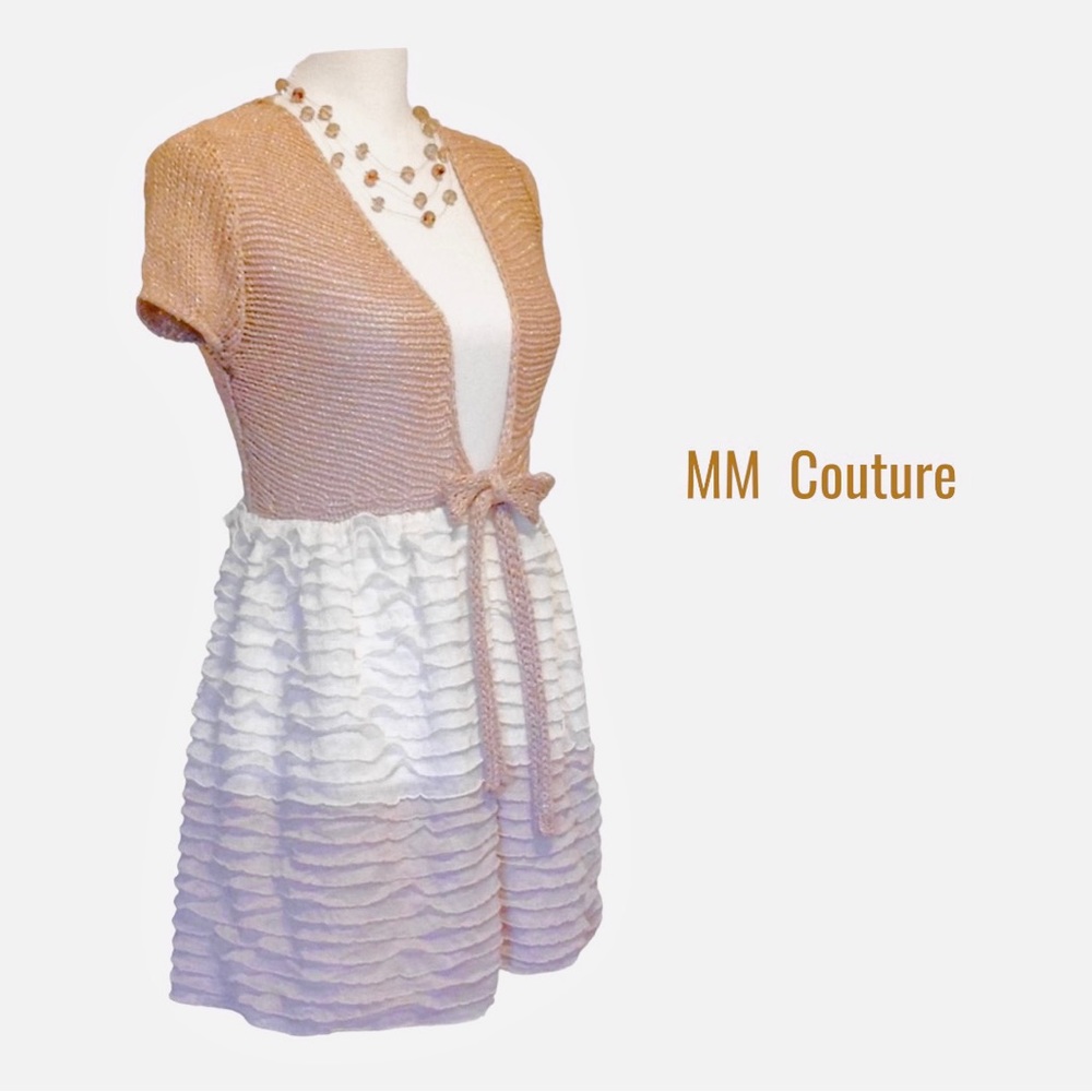 🆕 MM COUTURE Metallic Gold Tie Front Long Cardigan w/Ivory & Beige Ruffles NWT - Picture 2 of 12